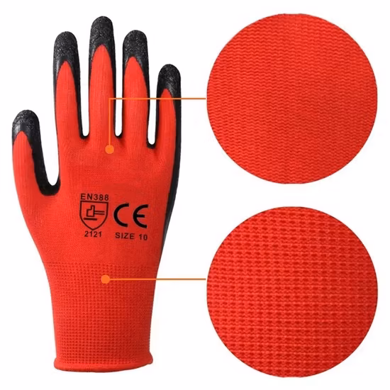 Guantes de mano de trabajo de seguridad de poliéster amarillo de 10g de caucho recubierto de látex naranja industrial antiestático
