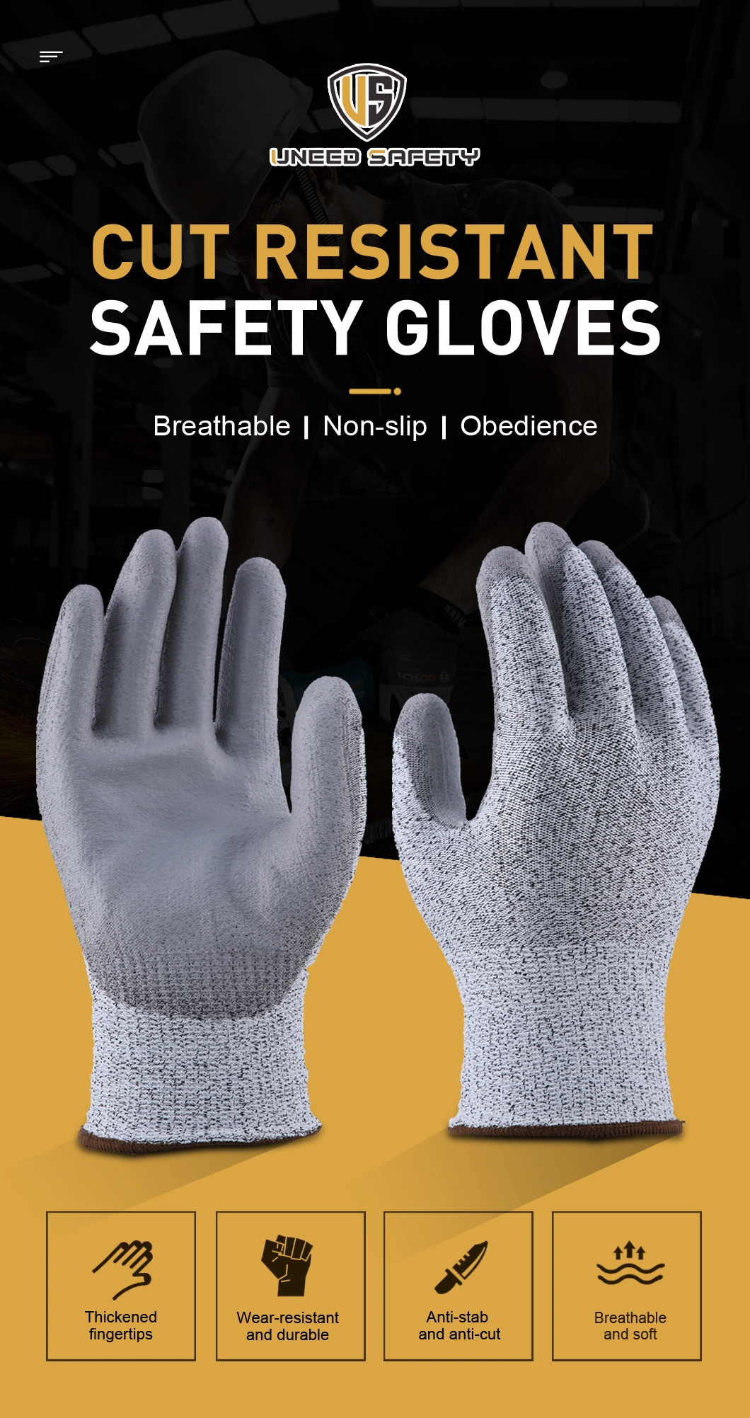 CE Hppe Seamless Hand Protect Mechanic Work Safety Working White PU Anti Cut Proof White Cut Resistant Labor Glove