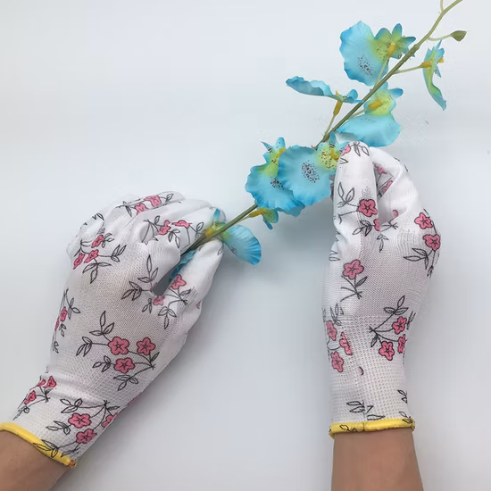 Nmsafety flor impresa PU recubierto de trabajo en el jardín señoras guantes de mano