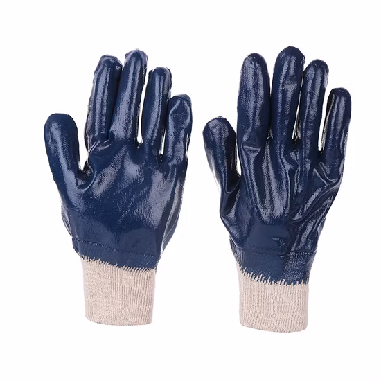 Guantes industriales de seguridad de nitrilo Forro de algodón Nitrilo Totalmente recubierto Acabado liso Guantes de trabajo con puños de seguridad
