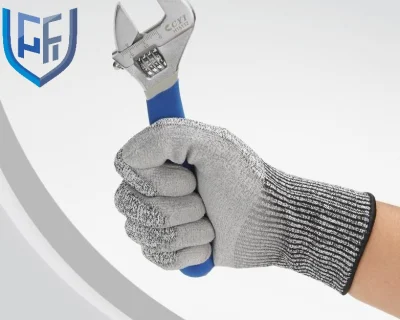 Recomiende los guantes de mano de seguridad de PU con forro resistente a cortes de punto Hppe de 13G