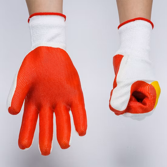 Guantes de algodón blanco de punto Guantes de trabajo de seguridad recubiertos de caucho de látex rojo para la construcción